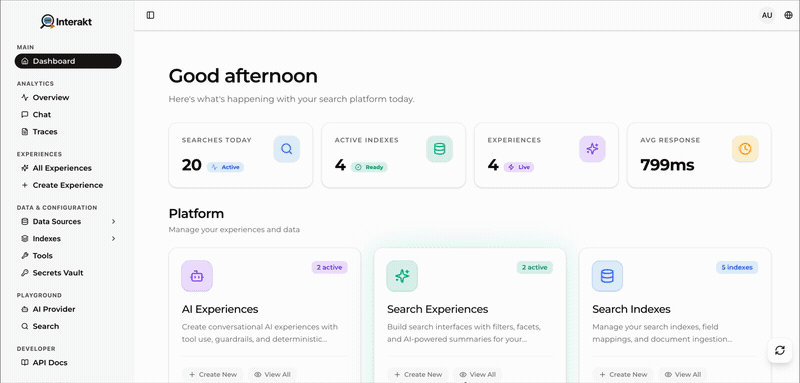 Demo of the Interakt admin console for managing AI providers, search indexes, and experiences